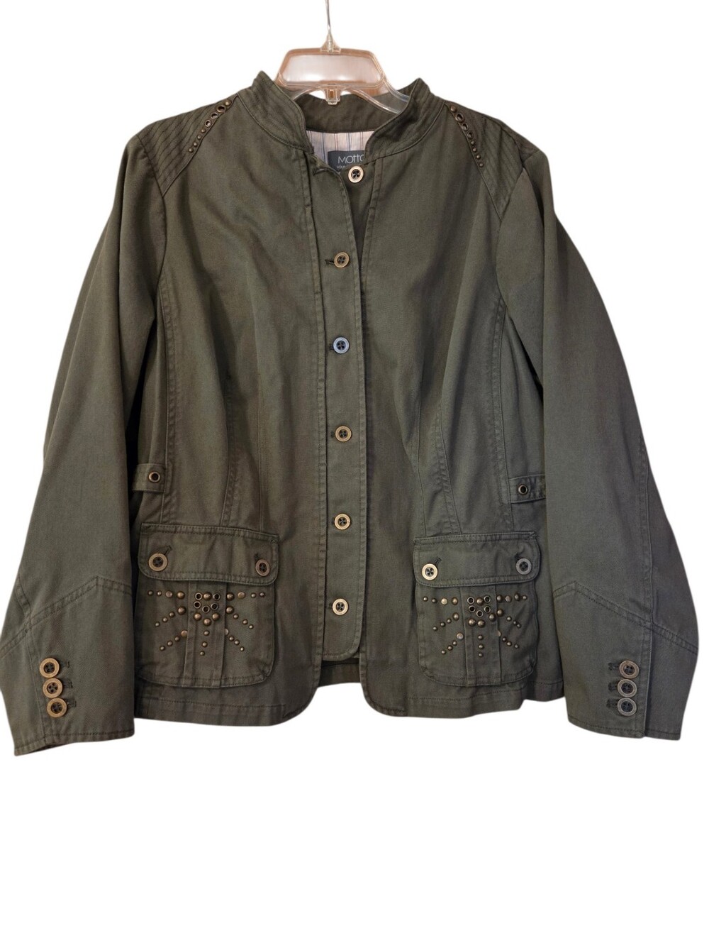 MOTTO Olive Green Cotton Jacket Grommets Rivets Studs  Plus Size 1X